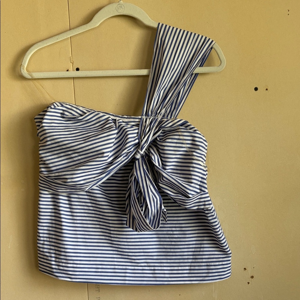 Pomander Place Blue & White Striped One-Shoulder Tie Top
